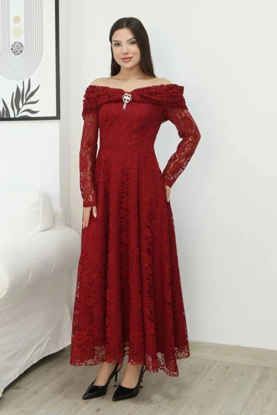 Aşkın Büyüsü Dantel Abiye Elbise 6055-Bordo - Resim 6