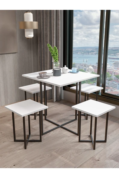 Retodesign 4 Kişilik Beyaz Kare Masa Takımı 1680b - Resim 4