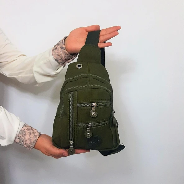 Fiyra bb1 Haki Renk Krinkıl Kumaş Beş Bölmeli  Body Bag Bayan Çanta - Resim 4