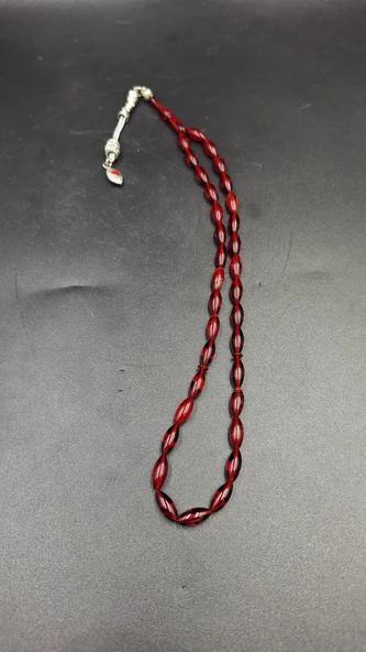 Kırmızı Arpa Kesim Alpaka Püskül Kehribar Tespih (AHŞAP KUTULU) - Resim 5