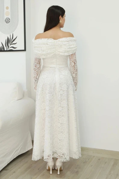 Aşkın Büyüsü Dantel Abiye Elbise 6055-Beyaz - Resim 6