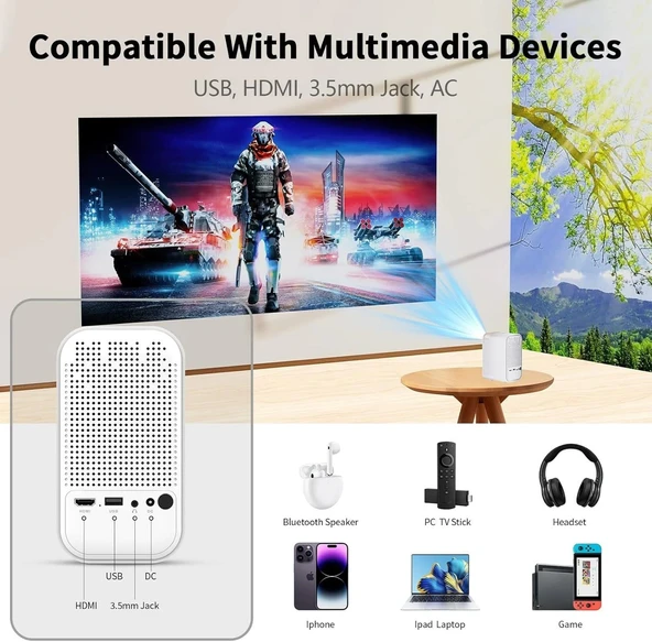 Vasoun 5G WiFi ve Bluetooth'lu Mini Projektör, Projektör Standlı 1080P Destekli - Beyaz - Resim 2