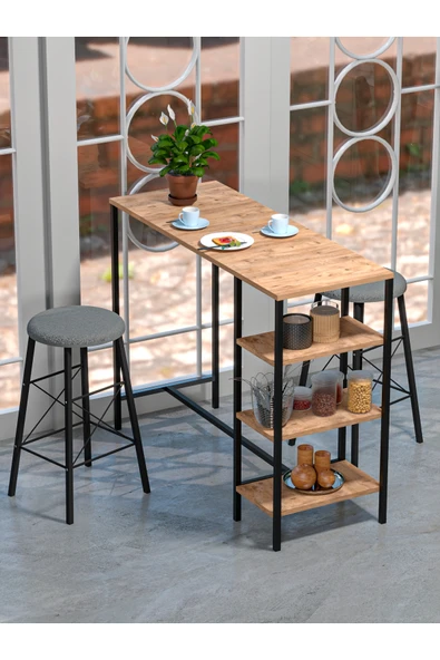 Retodesign RETODESİGN RAFLI YUVARLAK TABURELİ BAR TAKIMI 4651A - Resim 4