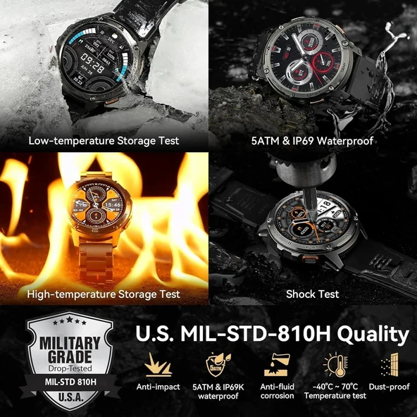 AMAZTIM Akıllı Saat, 60 Gün Pil Ömrü, Yüzme Dalış, Tam Metal - Siyah - Resim 2