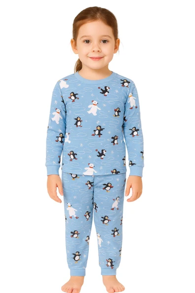 Unisex İnterlok Bebe Mavisi Yılbaşı Temalı Pijama Takımı - Resim 3