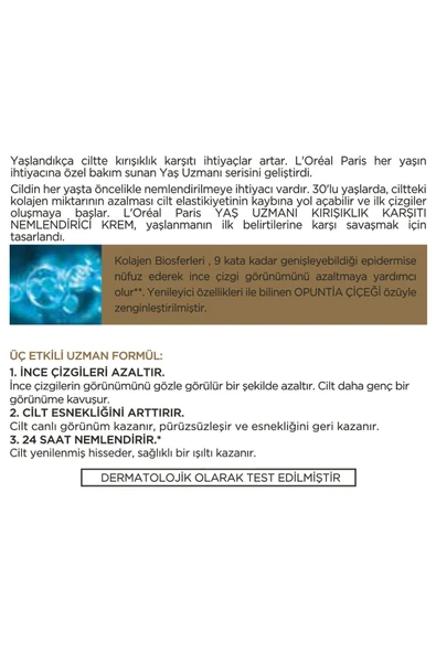 L'Oréal Paris Yaş Uzmanı 30+ İnce Çizgi Görünümünü Azaltan & Cilde Canlı Görünüm Veren, Kırşıklık Karşıtı Krem 50ml - Resim 3
