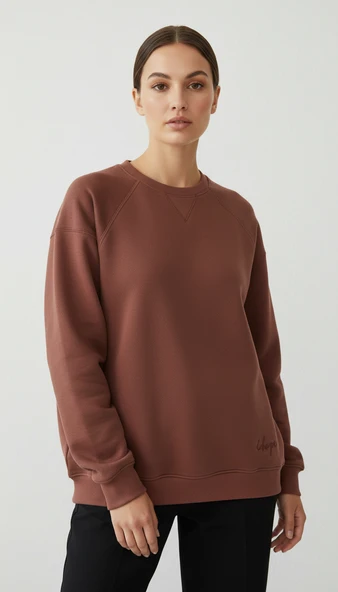 Kadın Sıfır Yaka Üç İp Şardonlu Koty Sweatshirt Kahverengi - Resim 2