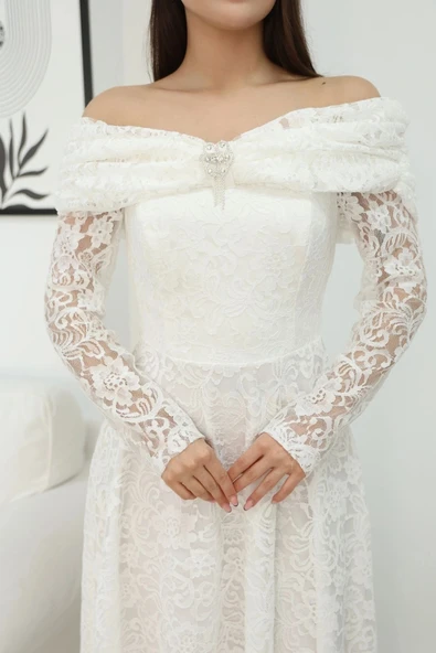 Aşkın Büyüsü Dantel Abiye Elbise 6055-Beyaz - Resim 4