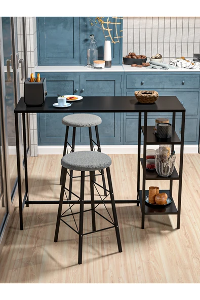 Retodesign RETODESİGN SİYAH RAFLI YUVARLAK TABURELİ BAR TAKIMI 4651S ürün görseli
