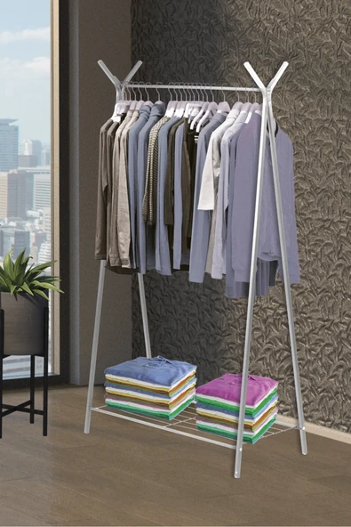 Retodesign Retohome Ayaklı Raflı Konfeksiyon Askısı Beyaz ürün görseli