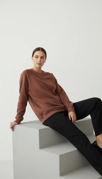 Kadın Sıfır Yaka Üç İp Şardonlu Koty Sweatshirt Kahverengi - Resim 4