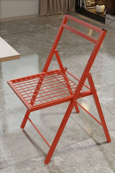 Retodesign 1 Adet Katlanır Kırmızı Metal Sandalye Minderli Bistro Sandalye 2024k - Resim 2
