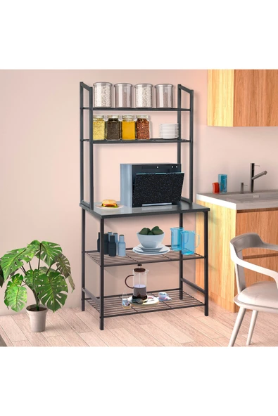 Retodesign Siyah Raflı Mutfak Bangosu , Çok Amaçlı Raf .kahve Köşesi Masası 1750s ürün görseli