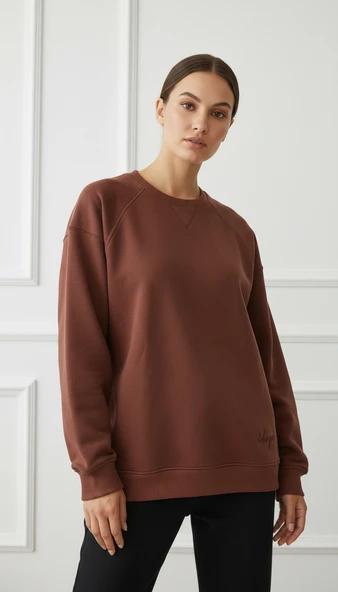 Kadın Sıfır Yaka Üç İp Şardonlu Koty Sweatshirt Kahverengi ürün görseli