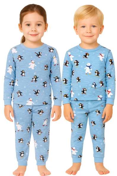 Unisex İnterlok Bebe Mavisi Yılbaşı Temalı Pijama Takımı ürün görseli