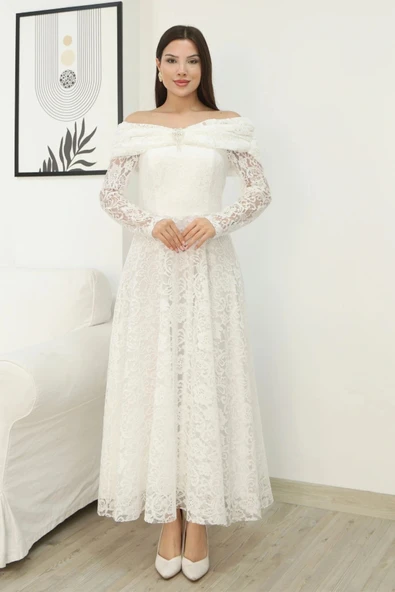 Aşkın Büyüsü Dantel Abiye Elbise 6055-Beyaz - Resim 2