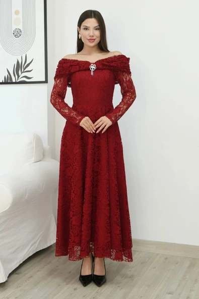 Aşkın Büyüsü Dantel Abiye Elbise 6055-Bordo - Resim 3