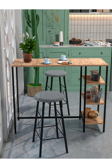 Retodesign RETODESİGN RAFLI YUVARLAK TABURELİ BAR TAKIMI 4651A - Resim 2