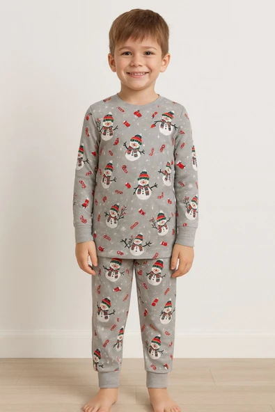 Unisex Yılbaşı Temalı Cute Kardan Adam Desenli Çocuk Pijama Takımı - Resim 2