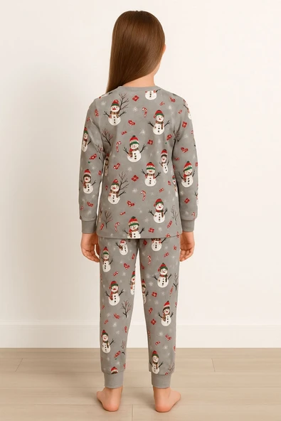 Unisex Yılbaşı Temalı Cute Kardan Adam Desenli Çocuk Pijama Takımı - Resim 5
