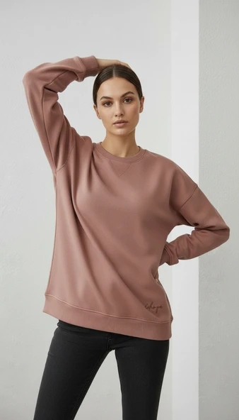 Kadın Sıfır Yaka Üç İp Şardonlu Koty Sweatshirt Somon - Resim 2