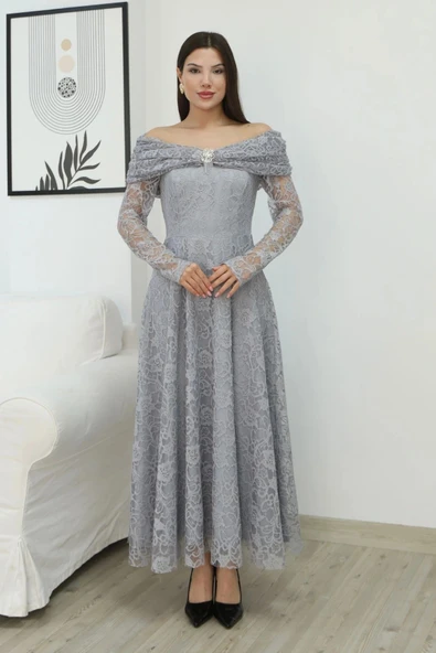 Aşkın Büyüsü Dantel Abiye Elbise 6055-Gri - Resim 2
