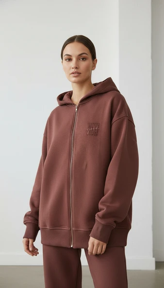 Kadın Şardonlu Üç İp Kapşonlu Fermuarlı Emma Sweatshirt Kahverengi - Resim 3