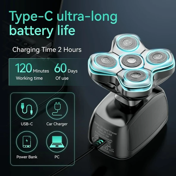 Kensen 5D Manyetik Baş Tıraş Makinesi - LED Ekranlı - Islak ve Kuru - Resim 4