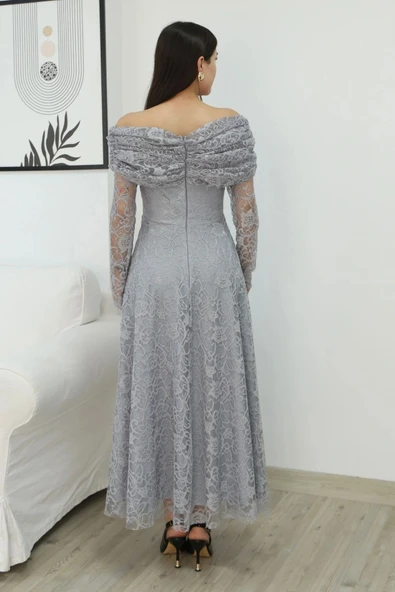 Aşkın Büyüsü Dantel Abiye Elbise 6055-Gri - Resim 7