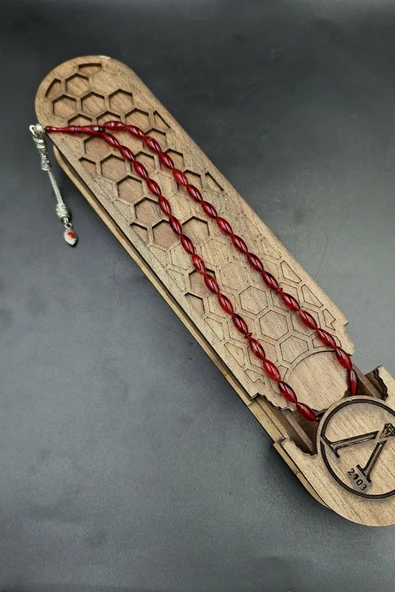 Kırmızı Arpa Kesim Alpaka Püskül Kehribar Tespih (AHŞAP KUTULU) - Resim 2