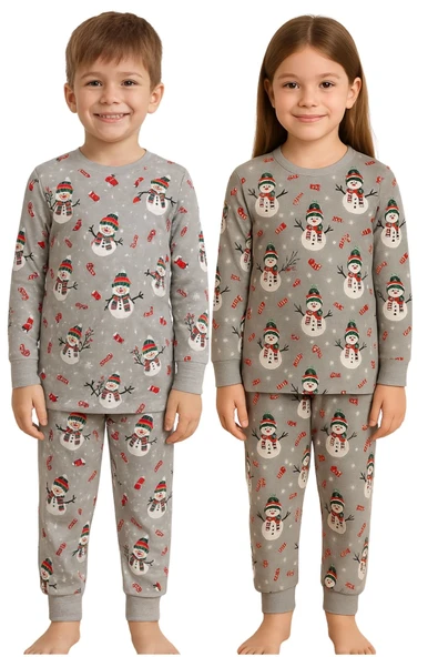 Unisex Yılbaşı Temalı Cute Kardan Adam Desenli Çocuk Pijama Takımı ürün görseli