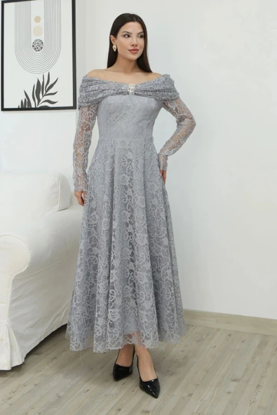 Aşkın Büyüsü Dantel Abiye Elbise 6055-Gri ürün görseli