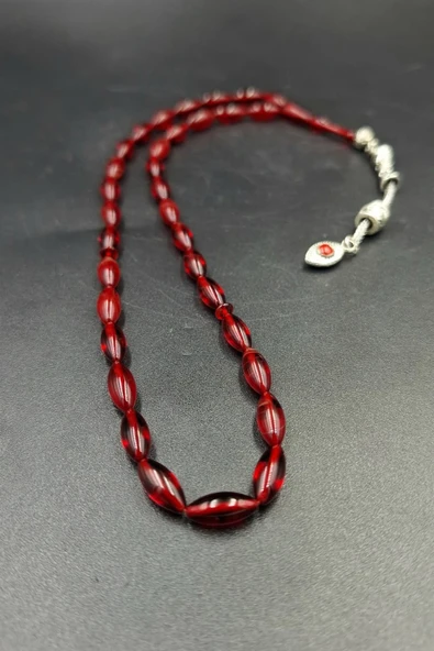 Kırmızı Arpa Kesim Alpaka Püskül Kehribar Tespih (AHŞAP KUTULU) ürün görseli 1