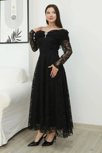Aşkın Büyüsü Dantel Abiye Elbise 6055-Siyah - Resim 6