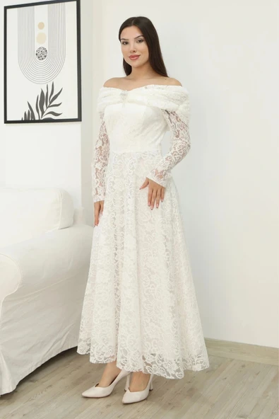 Aşkın Büyüsü Dantel Abiye Elbise 6055-Beyaz - Resim 5