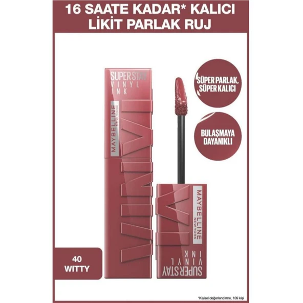 Maybelline New York Super Stay Vinyl Ink Uzun Süre Kalıcı Likit Parlak Ruj 40 Witty ürün görseli