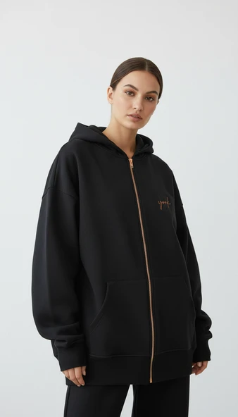 Kadın Şardonlu Üç İp Kapşonlu Fermuarlı Emma Sweatshirt Siyah ürün görseli