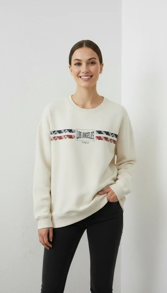 Kadın Baskılı Şardonlu Üç İp Şevval Sweatshirt Ekru - Resim 3