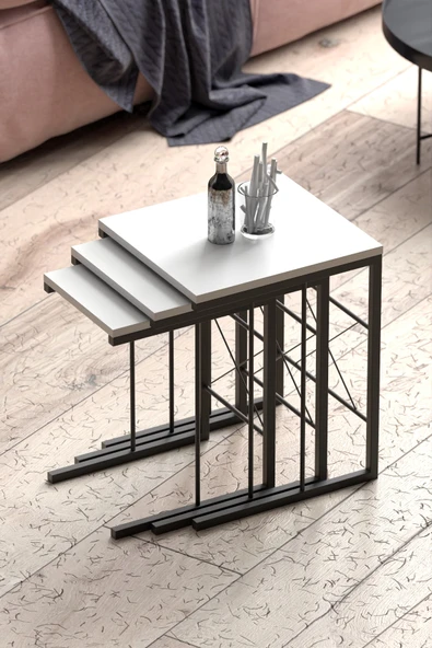 Retodesign 3 Lü Zigon Sehpa Beyaz 3002 - Resim 3