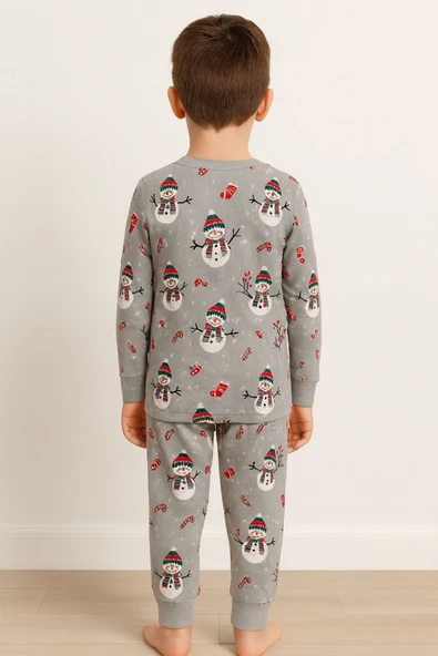 Unisex Yılbaşı Temalı Cute Kardan Adam Desenli Çocuk Pijama Takımı - Resim 4
