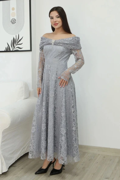 Aşkın Büyüsü Dantel Abiye Elbise 6055-Gri - Resim 6