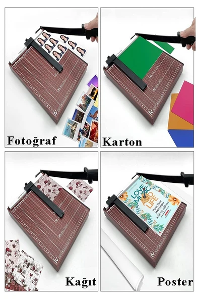 Giyotin Kağıt Kesme Makinesi A4 Metal Kollu Bordo Tablalı A5-A4 Ayarlanabilir Sürgülü Paslanmaz Kaliteli - Resim 5