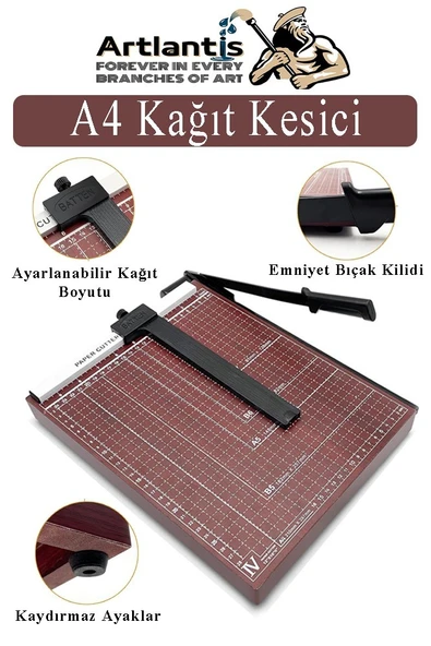 Giyotin Kağıt Kesme Makinesi A4 Metal Kollu Bordo Tablalı A5-A4 Ayarlanabilir Sürgülü Paslanmaz Kaliteli ürün görseli 1