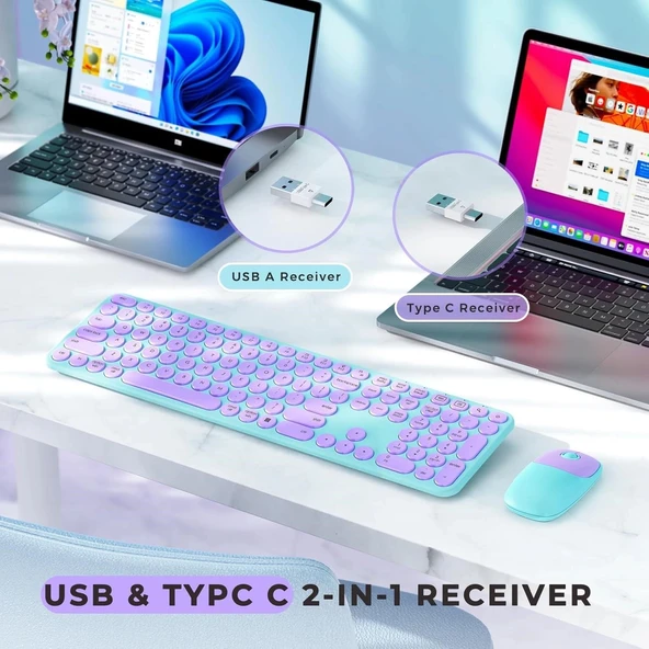 Seenda Kablosuz Klavye ve Mouse, USB ve Type-C - Mor/Yeşil - Resim 2