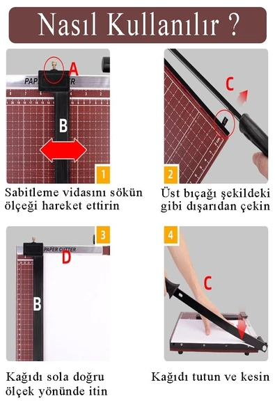 Giyotin Kağıt Kesme Makinesi A4 Metal Kollu Bordo Tablalı A5-A4 Ayarlanabilir Sürgülü Paslanmaz Kaliteli - Resim 4