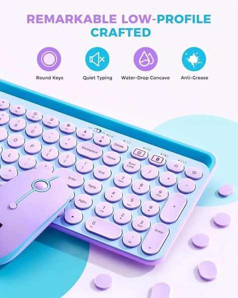 Seenda Yuvarlak Tuşlu Sevimli Kablosuz Klavye ve Mouse, Bluetooth 2.4G - Mavi/Pembe - Resim 4
