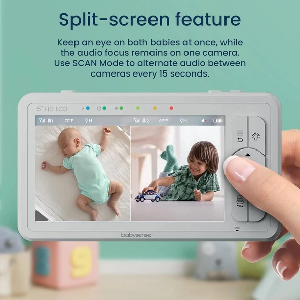 Babysense 5 Inc HD Bölünmüş Ekranlı Bebek Monitörü, 2 Kamera ve Ses Özellikli - Resim 2