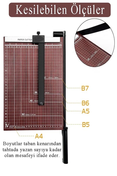 Giyotin Kağıt Kesme Makinesi A4 Metal Kollu Bordo Tablalı A5-A4 Ayarlanabilir Sürgülü Paslanmaz Kaliteli - Resim 3