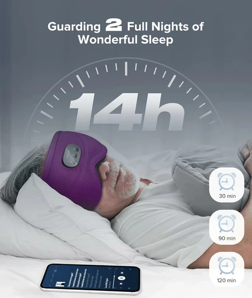 TOPOINT Uyku Kulaklıkları Bluetooth 3D Uyku Maskesi - Mor (Kadife) - Resim 3