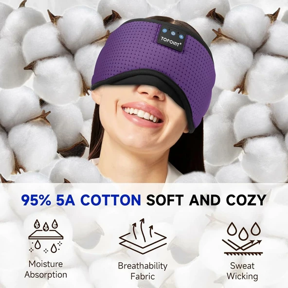 TOPOINT Uyku Kulaklıkları Bluetooth Uyku Maskesi - Mor Havalandırmalı - Resim 4